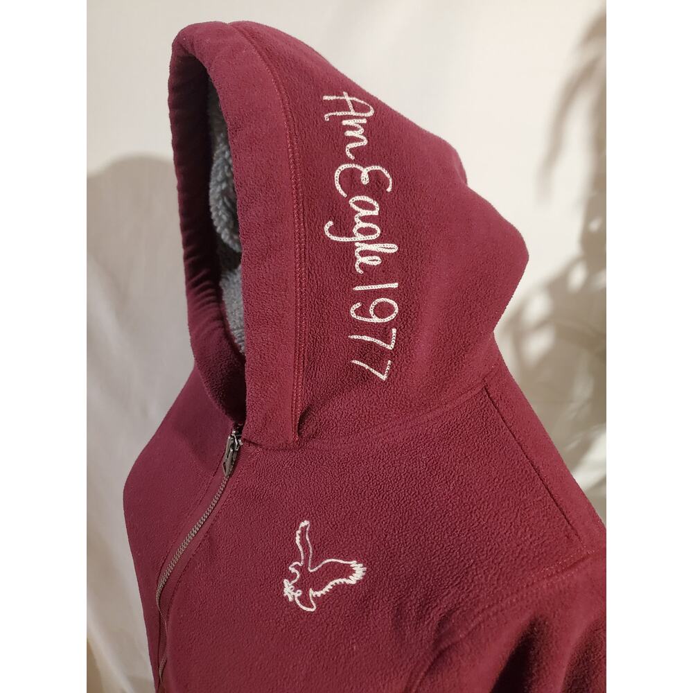 Vtg Y2K American Eagle Zip Fleece Hoodie Size M Maroon Red Preppy Cozy Pockets - Picture 7 of 12